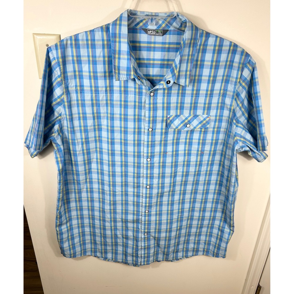 Stio Shirt Mens XXL Blue Plaid Curtis Camp Organic Cotton Blend Gorpcore UPF 15+
